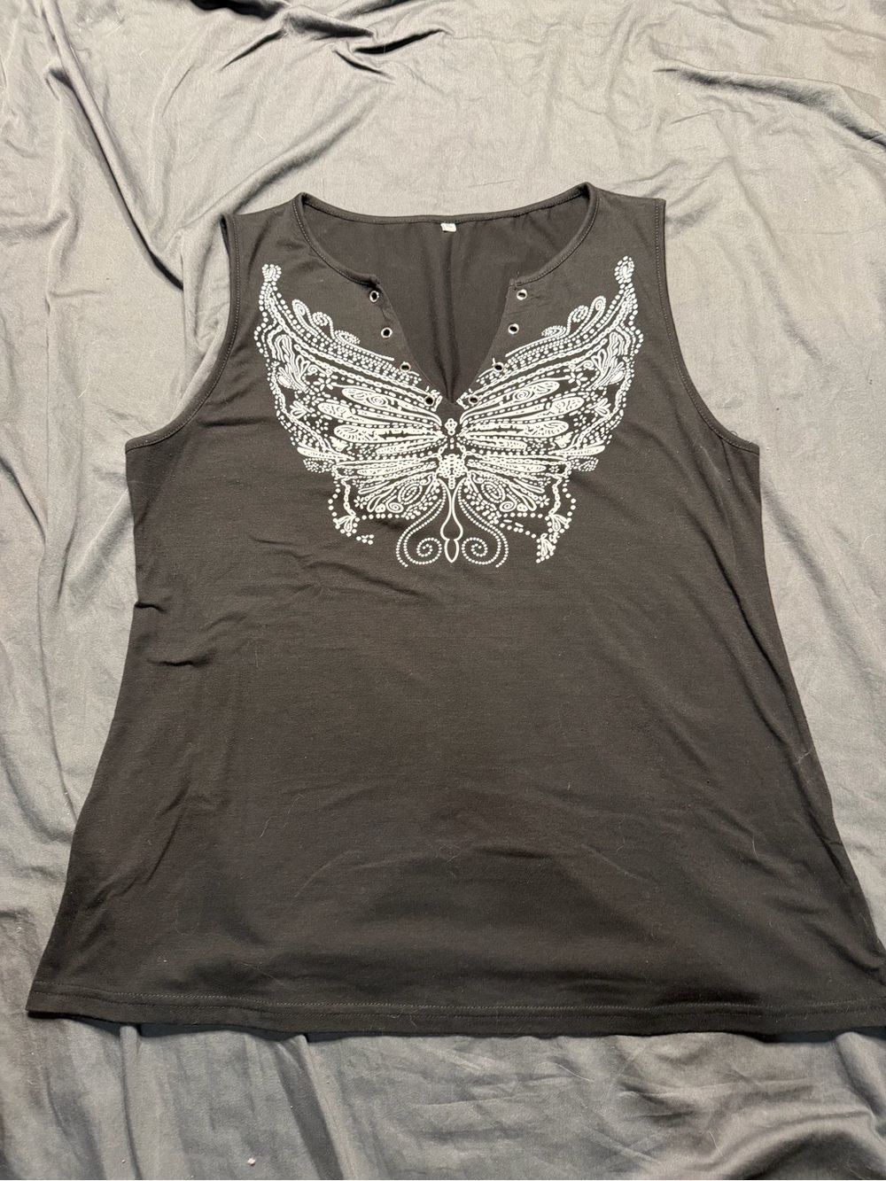 Women's Black Sleeveless Tank Top with White Butterfly Design
